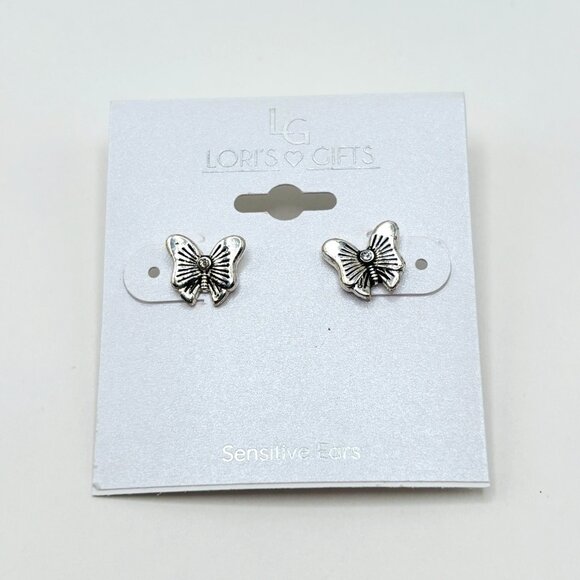 Lori’s Gifts Silver Tone Butterfly Stud Earrings Rhinestone Accent Sensitive Ear - Picture 1 of 4